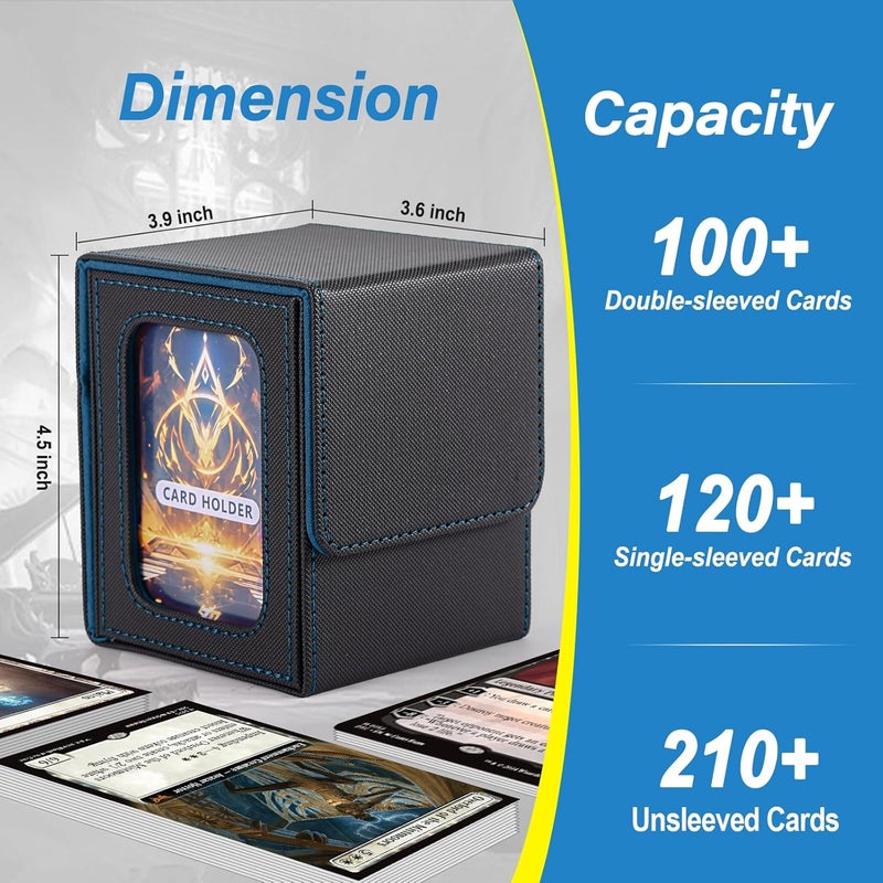 Stepane MTG Deck Box, Double Display Window MTG, Commander Deck Box Fits 120+ Single Sleeved Cards, PU Leather Magnetic Closure Card Box with 2 Dividers&2 Toploaders for TCG, CCG, Black/Blue - Image 3